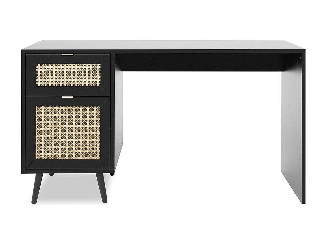 Schreibtisch 1 Tür 1 Schublade Geflechtdruck und Schwarz L130 x H74,5 cm - Villa