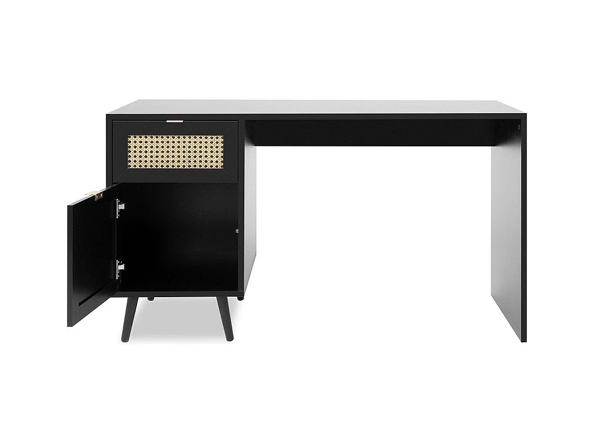 Schreibtisch 1 Tür 1 Schublade Geflechtdruck und Schwarz L130 x H74,5 cm - Villa
