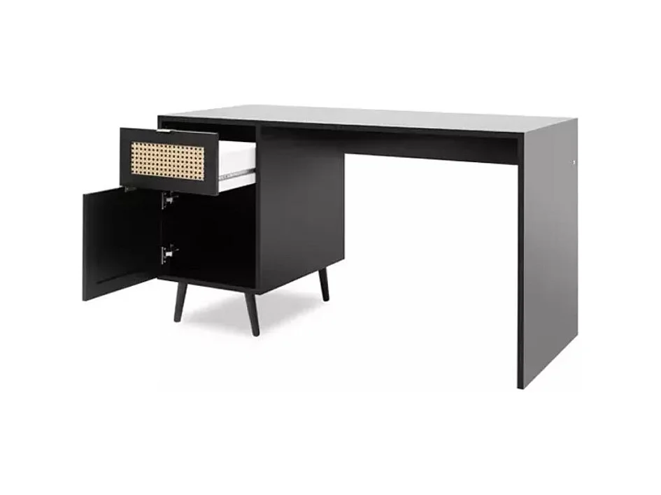 Schreibtisch 1 Tür 1 Schublade Geflechtdruck und Schwarz L130 x H74,5 cm - Villa