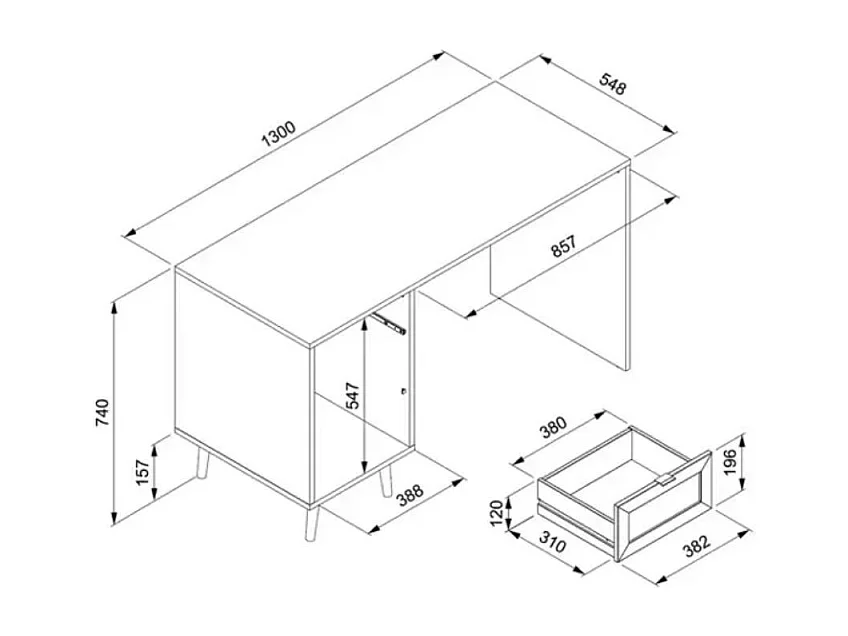 Scrivania 1 anta 1 cassetto, stampa impagliatura e nera - L130 cm