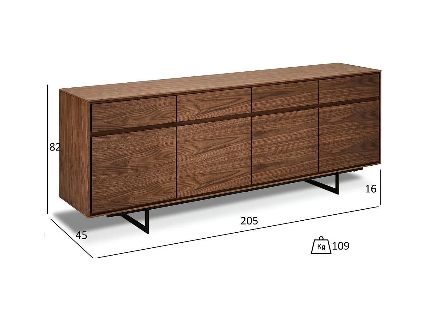 Buffet Tokyo avec 4 portes et 4 tiroirs - MDF et métal - Noyer