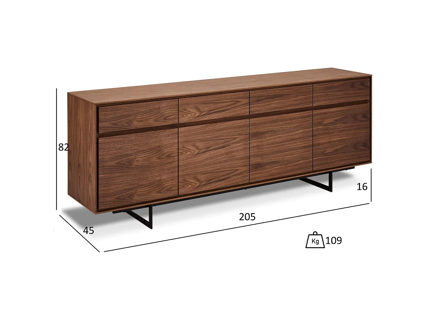 Buffet Tokyo avec 4 portes et 4 tiroirs - MDF et métal - Noyer