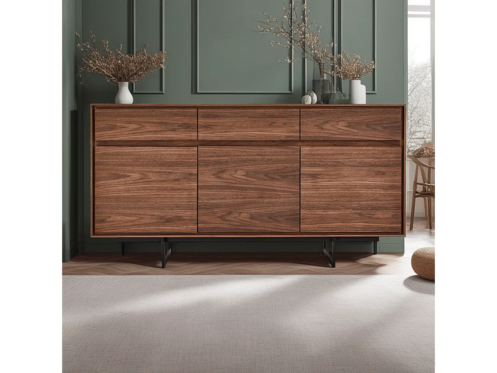 Aparador Tokyo - 3 puertas & 3 cajones - MDF y metal - Nuez