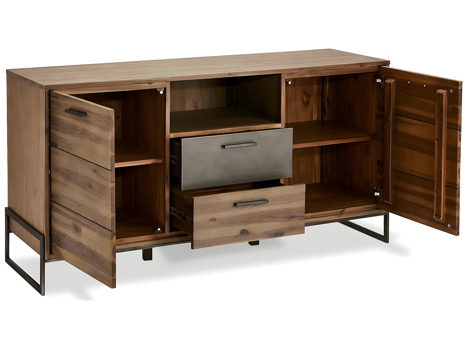Credenza Mallorca - 2 ante e 2 cassetti - in legno massello di acacia e metallo - Marrone
