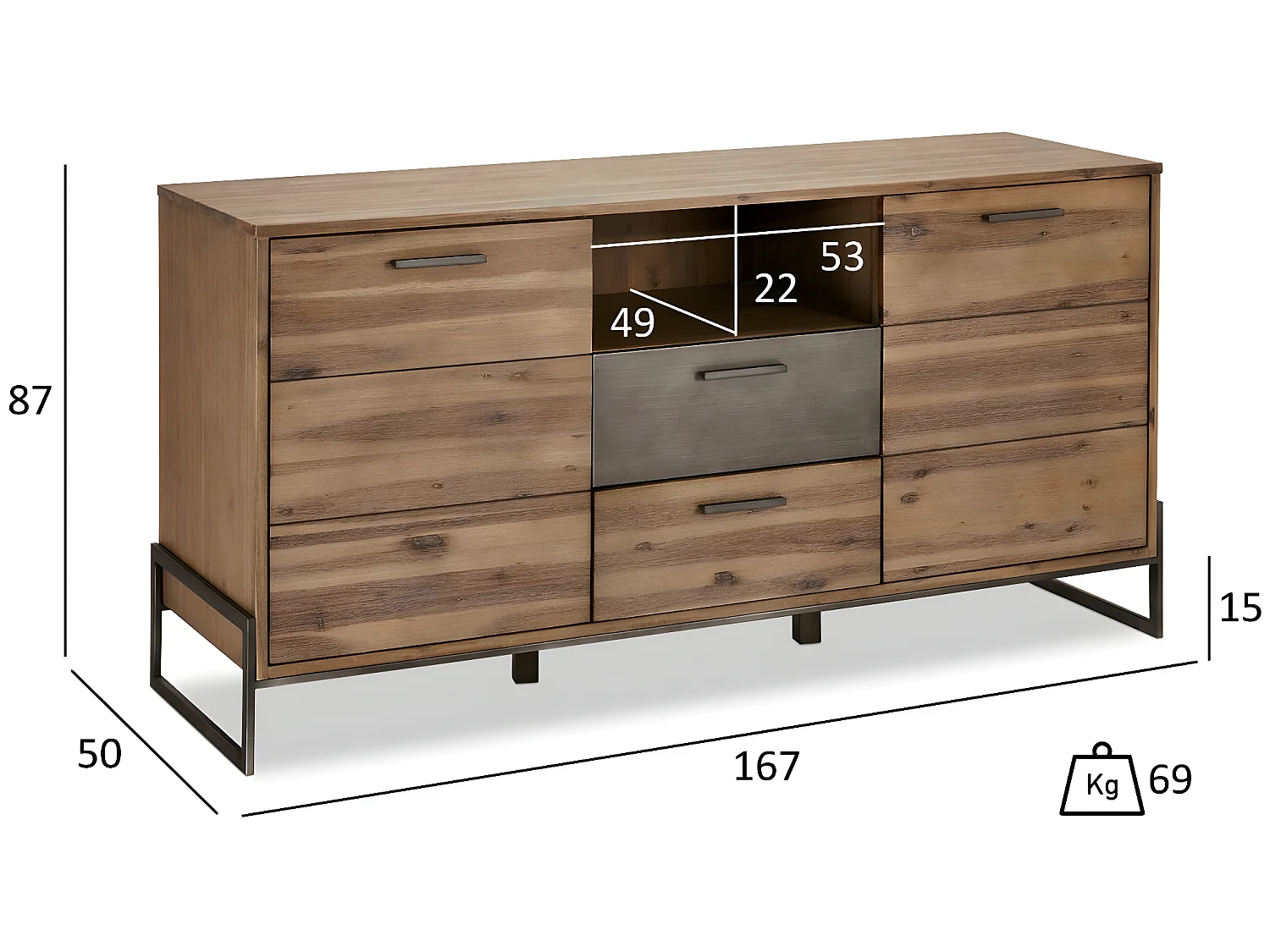 Credenza Mallorca - 2 ante e 2 cassetti - in legno massello di acacia e metallo - Marrone