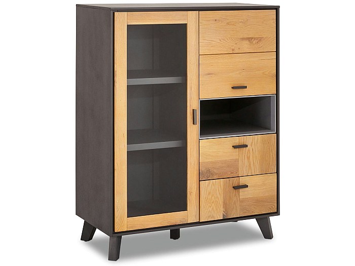 Credenza alta Sentosa 2 ante e 1 nicchia in legno massello di quercia e MDF Naturale/Grigio