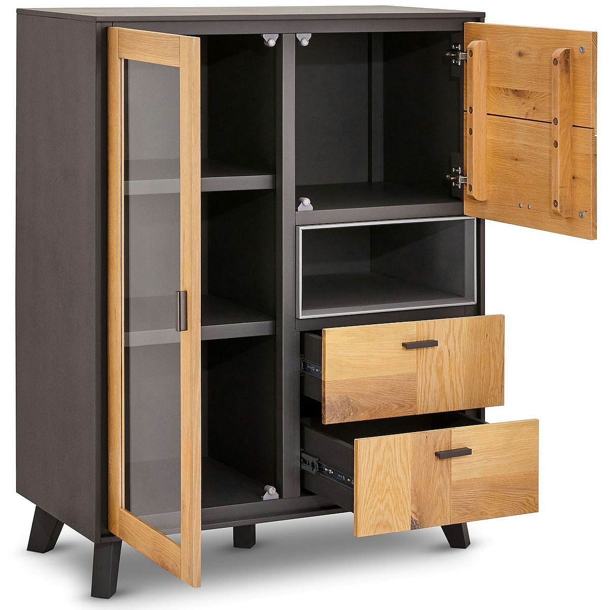 Credenza alta Sentosa 2 ante e 1 nicchia in legno massello di quercia e MDF Naturale/Grigio