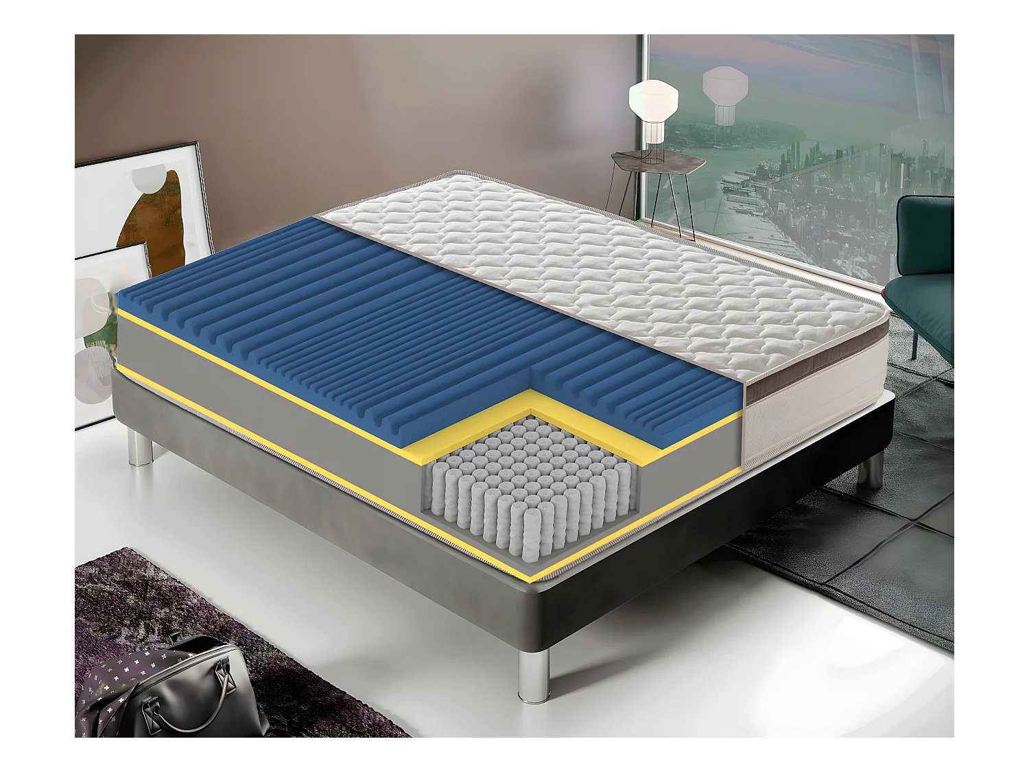 Colchão de molas ensacadas, viscoelástica, 27 cm de altura, 1600 molas 105x190