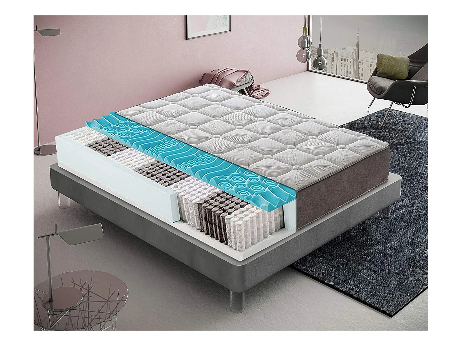 Matelas à ressorts ensachés et memory foam - memory foam 5 cm - résistant 150x190 cm
