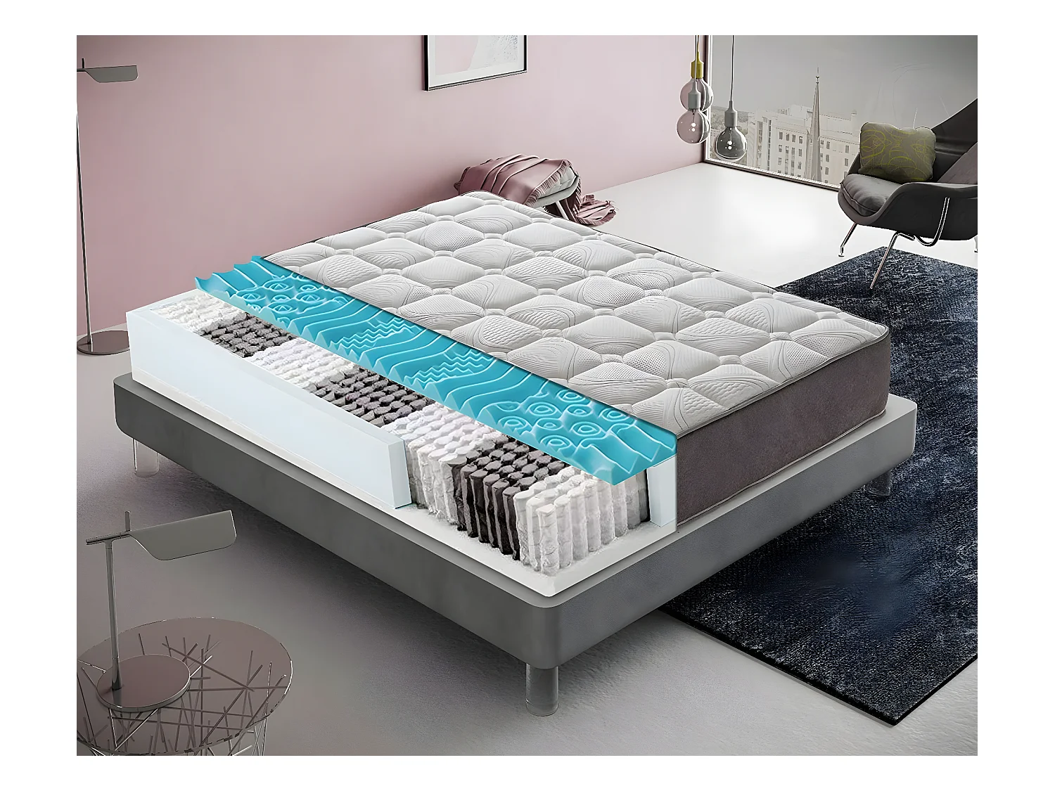 Matelas à ressorts ensachés et memory foam - memory foam 5 cm - résistant 200x200 cm