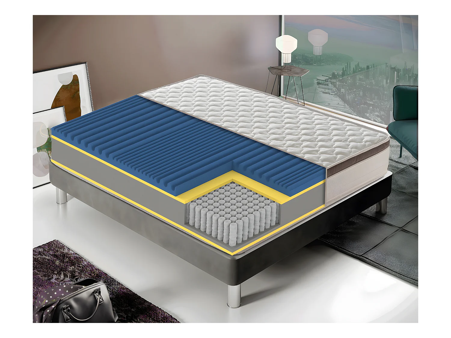 Colchão de molas ensacadas, viscoelástica, 27 cm de altura, 1600 molas 200x200