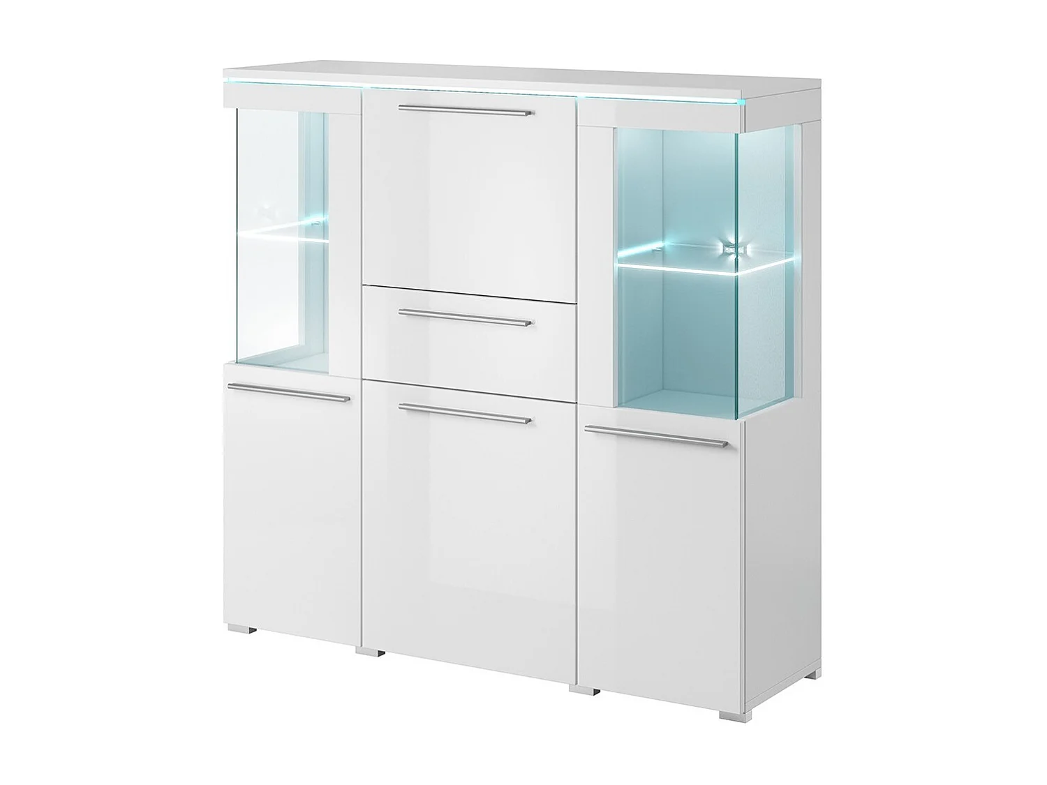 Hoher Buffetschrank für das Wohnzimmer in glänzendem Weiß mit integrierter, mehrfarbiger LED-Beleuchtung, Kollektion BOMBAY.
