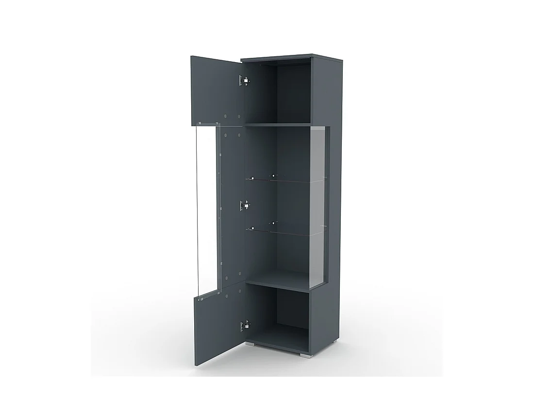 Vitrine haute design avec éclairage LED multicolore collection BOMBAY. Coloris gris brillant. Ouverture Gauche