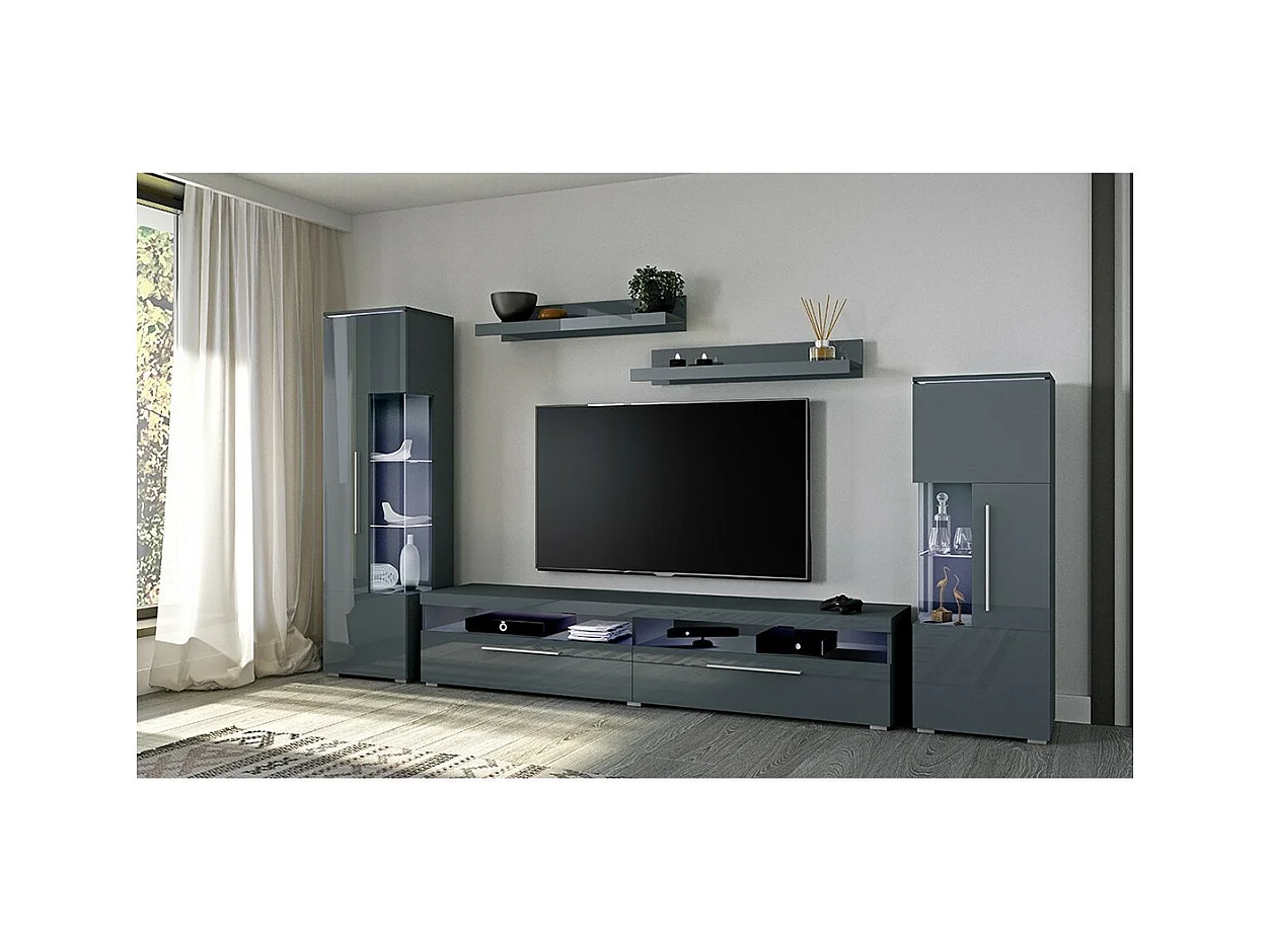 Vitrine haute design avec éclairage LED multicolore collection BOMBAY. Coloris gris brillant. Ouverture Gauche