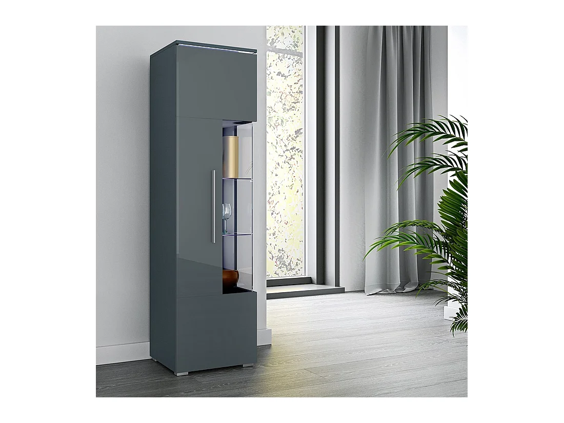 Vitrine haute design avec éclairage LED multicolore collection BOMBAY. Coloris gris brillant. Ouverture Gauche