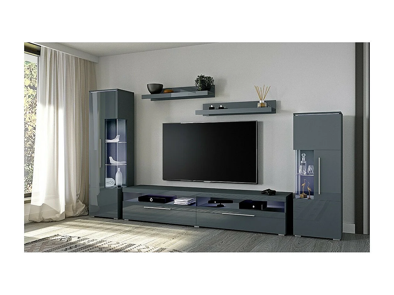 Vitrine haute design avec éclairage LED multicolore collection BOMBAY. Coloris gris brillant. Ouverture Gauche