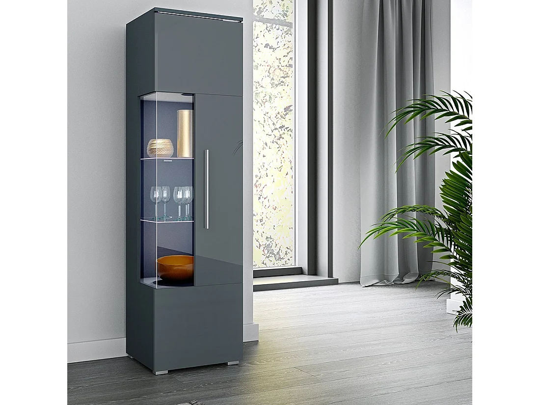 Vitrine haute design avec éclairage LED multicolore collection BOMBAY. Coloris gris brillant. Ouverture Droite