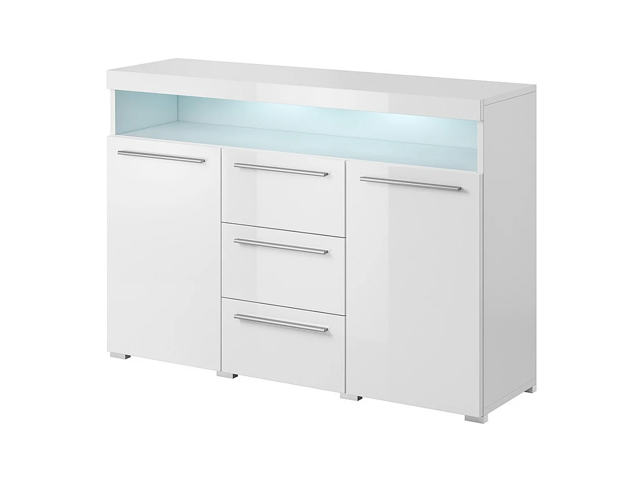 Buffet 130cm voor de woonkamer in glanzend wit met geïntegreerde multikleur LED-verlichting, collectie BOMBAY.