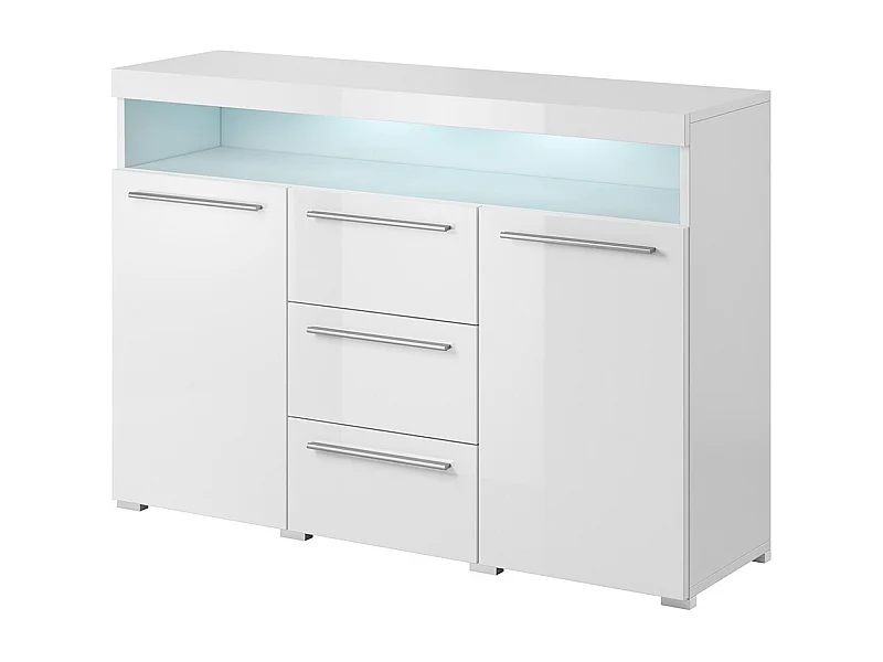 Buffet 130cm voor de woonkamer in glanzend wit met geïntegreerde multikleur LED-verlichting, collectie BOMBAY.