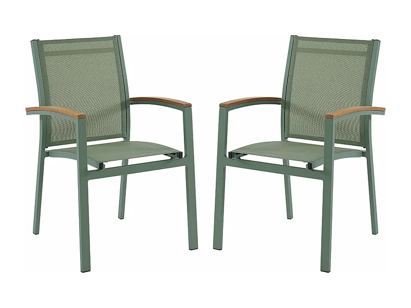 Lot de 2 fauteuils de jardin empilables en aluminium et textilène - Vert amande et accoudoirs acacia - TAIPIVAI de MYLIA
