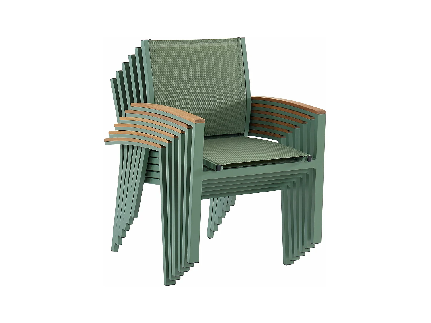 Conjunto de 2 cadeirões de jardim empilháveis em alumínio e textileno verde-amêndoa e apoios de braço acácia - TAIPIVAI