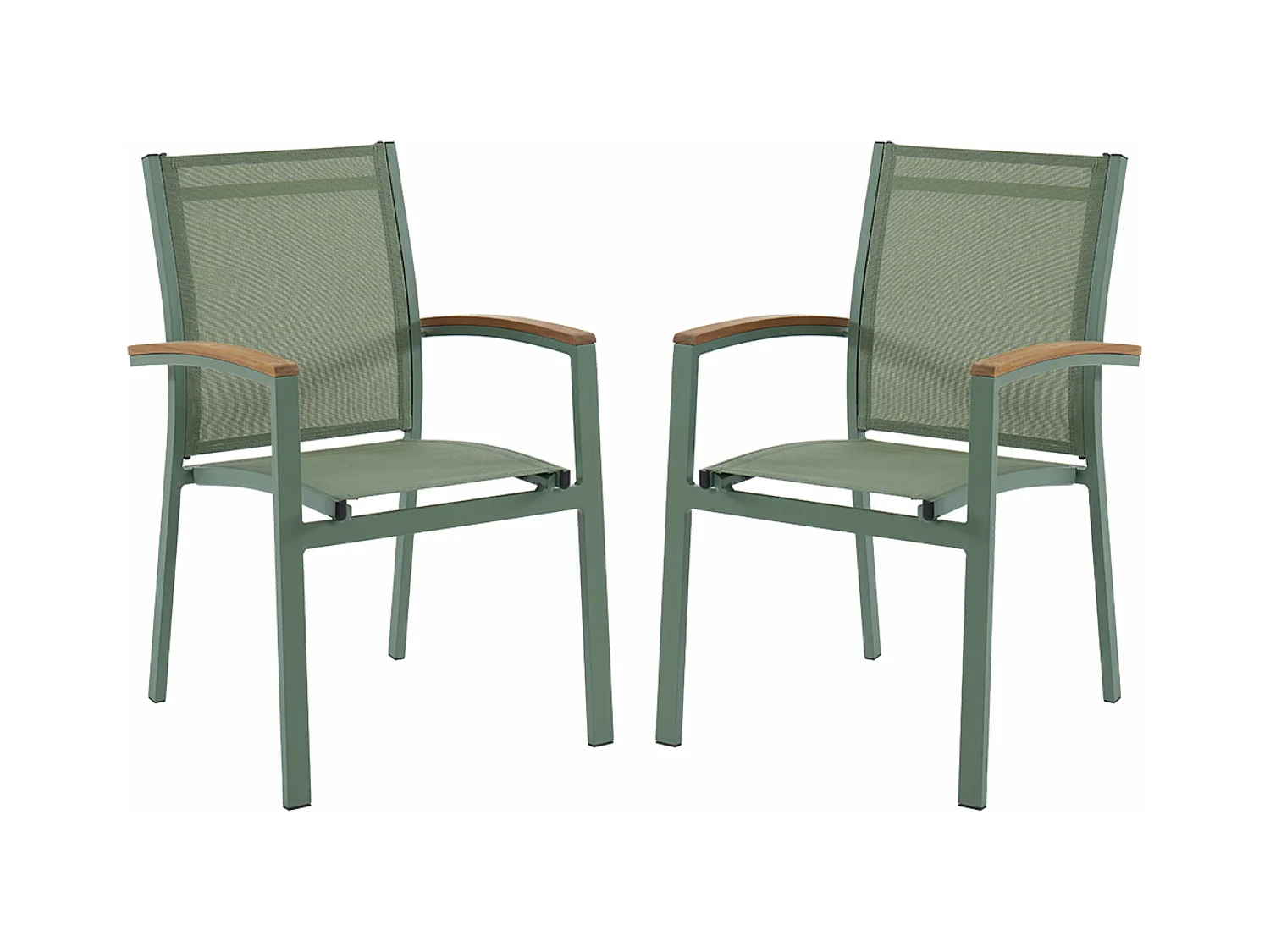 Conjunto de 2 cadeirões de jardim empilháveis em alumínio e textileno verde-amêndoa e apoios de braço acácia - TAIPIVAI