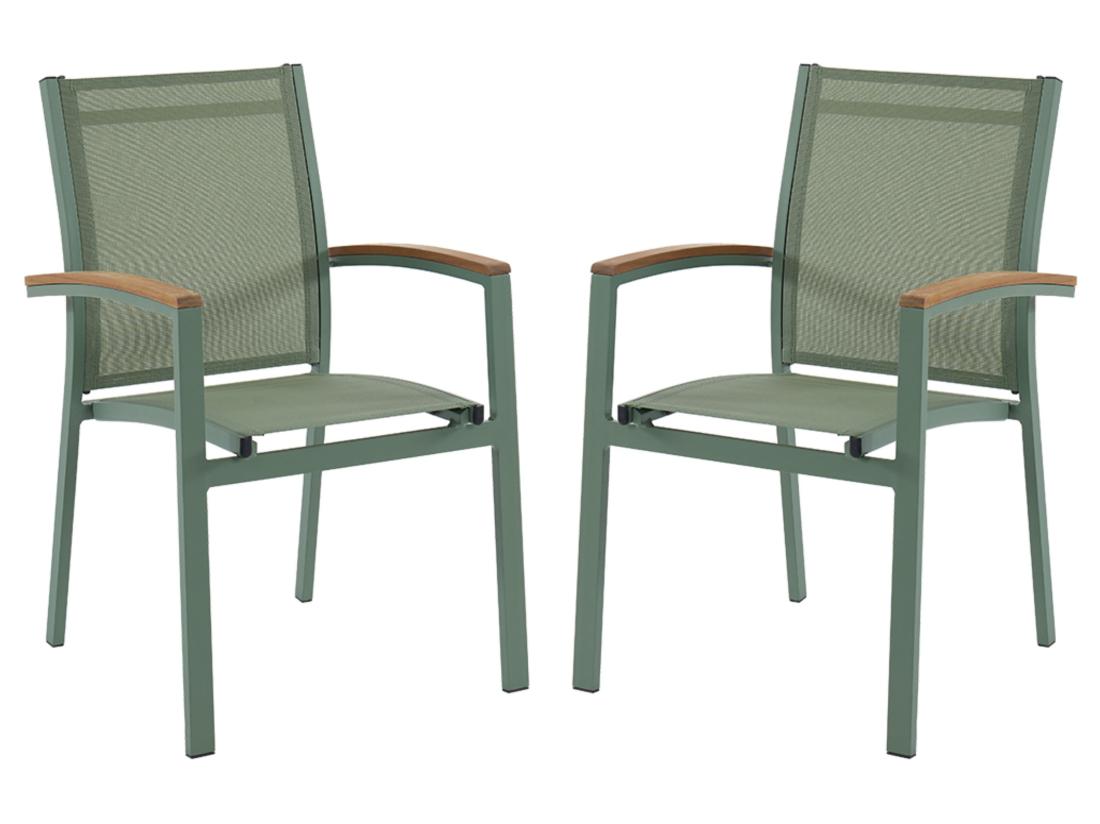 vente unique Lot de 2 fauteuils de jardin empilables en aluminium et textilène - Vert amande et accoudoirs acacia - TAIPIVAI de MYLIA