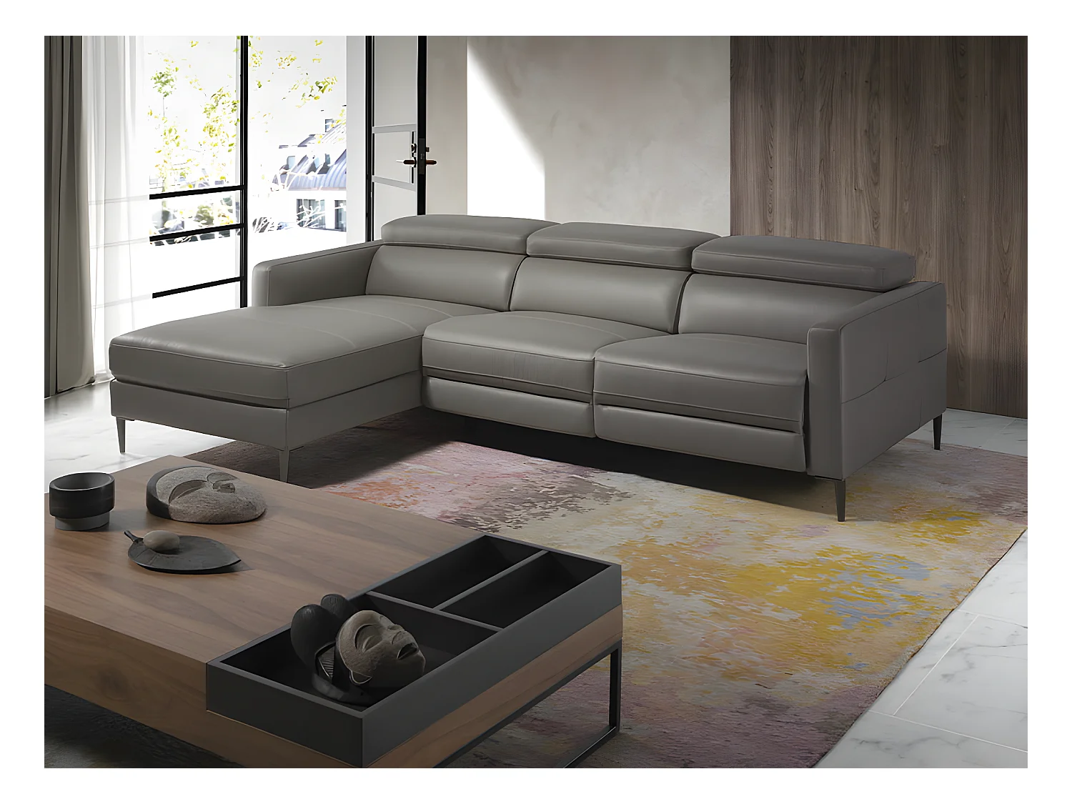 Chaise longue bank in donkergrijs leer met relaxmechanisme 6125 ANGEL CERDA