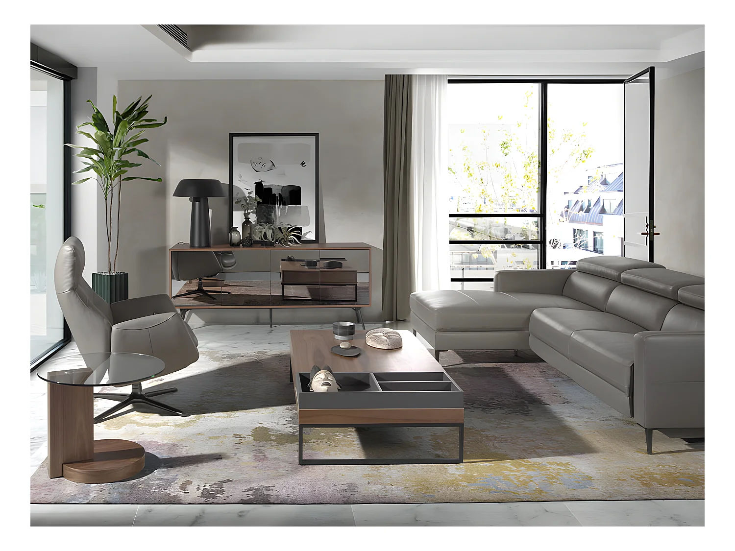 Chaise longue bank in donkergrijs leer met relaxmechanisme 6125 ANGEL CERDA