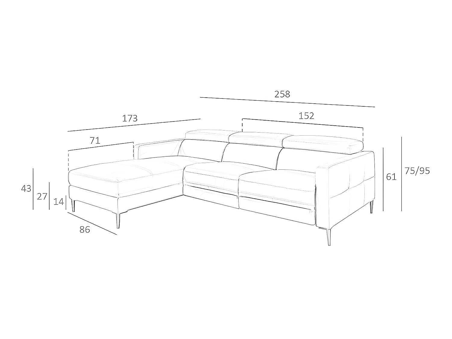 Chaise longue bank in donkergrijs leer met relaxmechanisme 6125 ANGEL CERDA