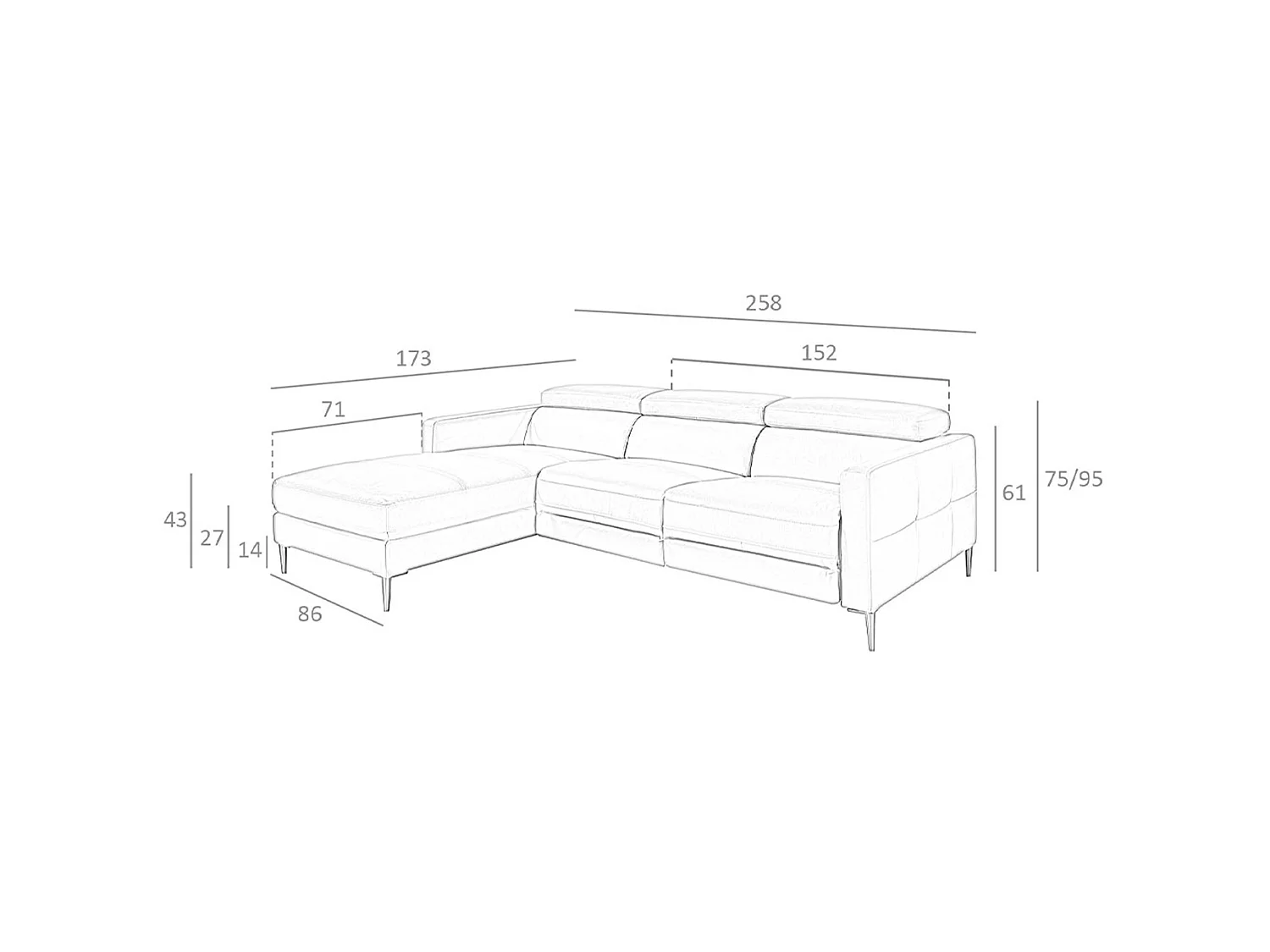 Relax chaise longue links bank in donkergrijs leer 6125 ANGEL CERDA