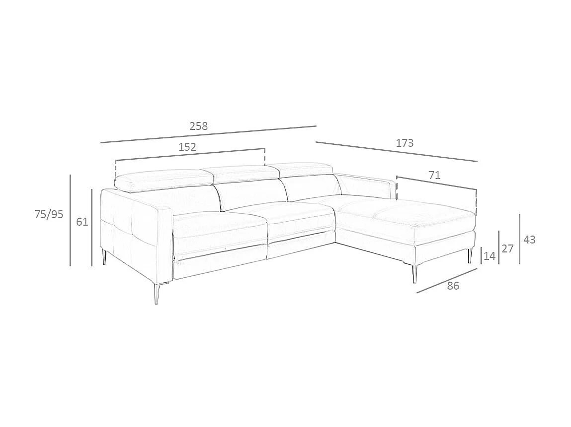 Relax chaise longue rechts bank in donkergrijs leer 6126 ANGEL CERDA