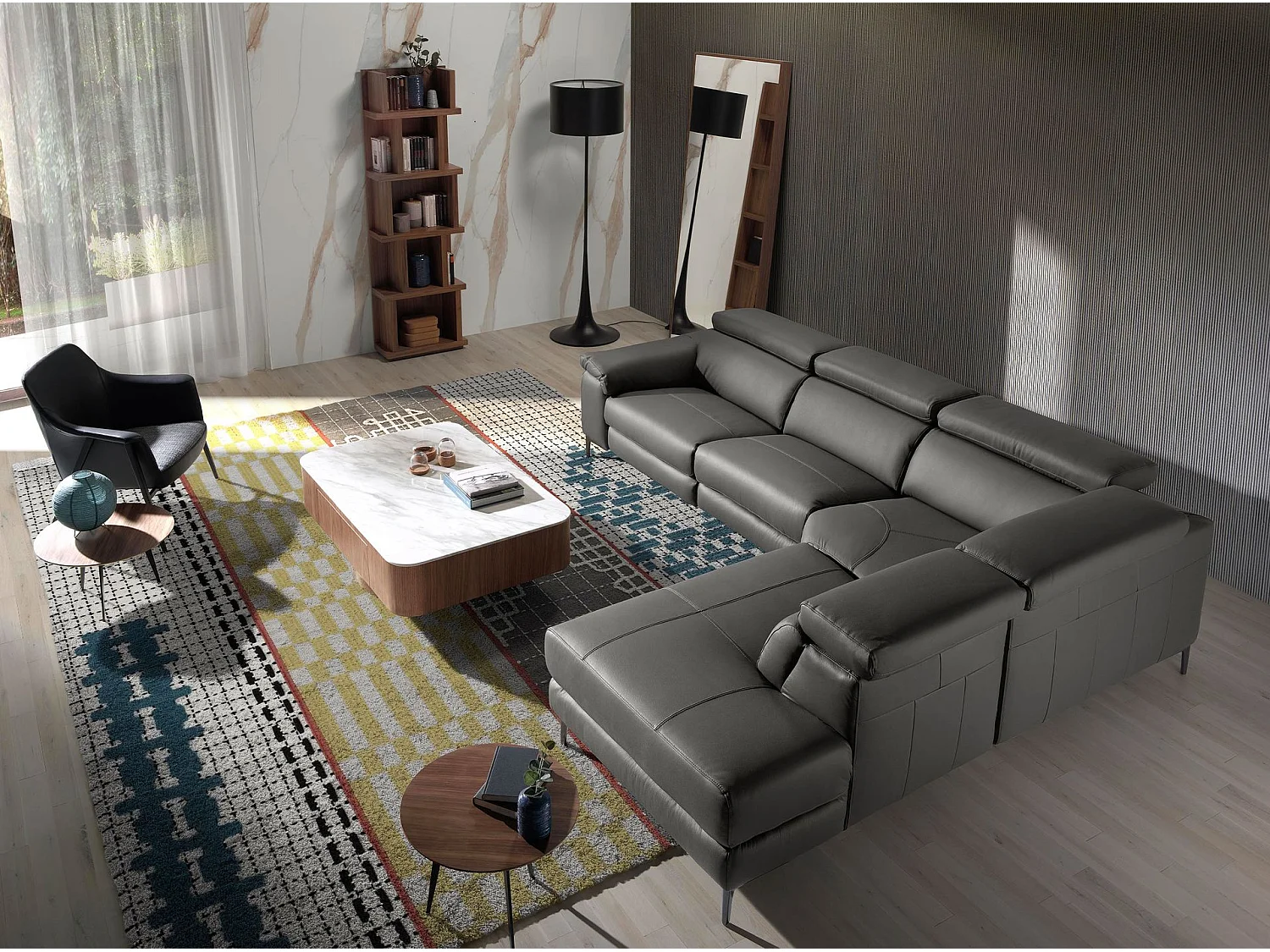 Rechter chaise longue relaxbank in donkergrijs leer 6111 ANGEL CERDA