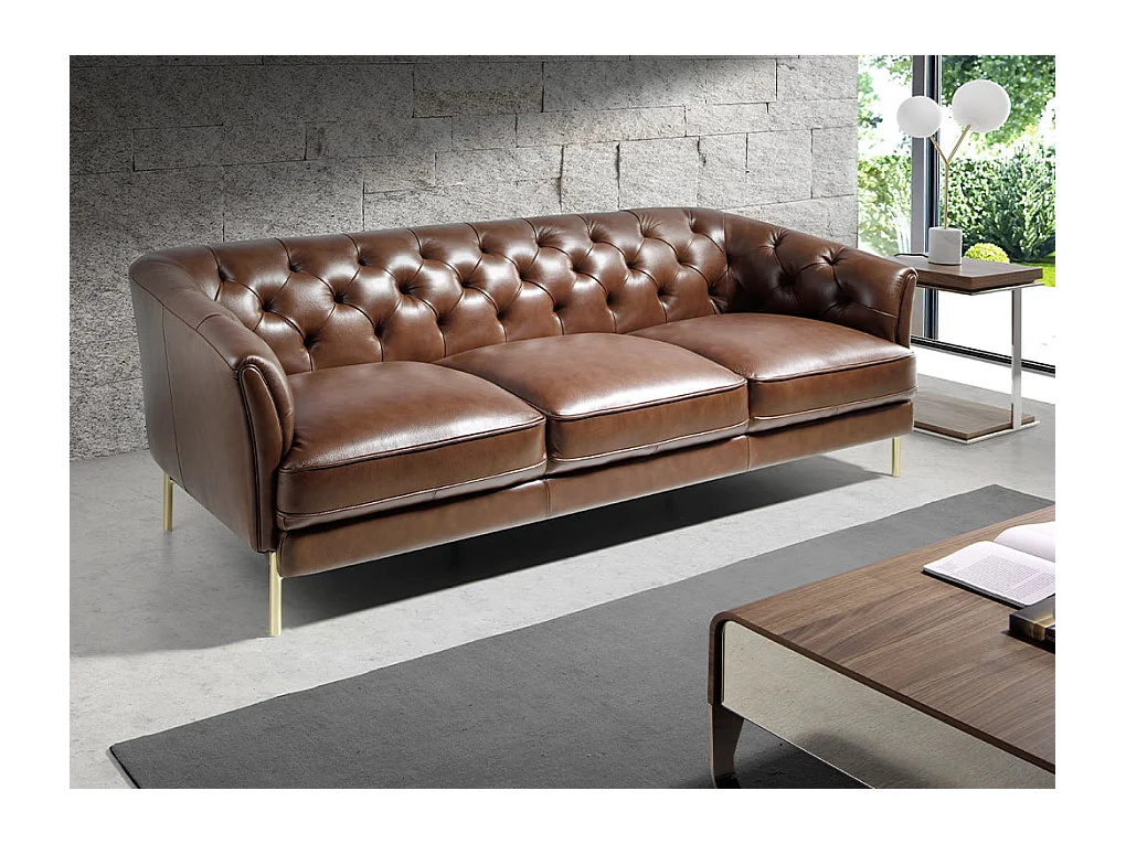 3-zitsbank in bruin leer en goudstaal 6140 ANGEL CERDA