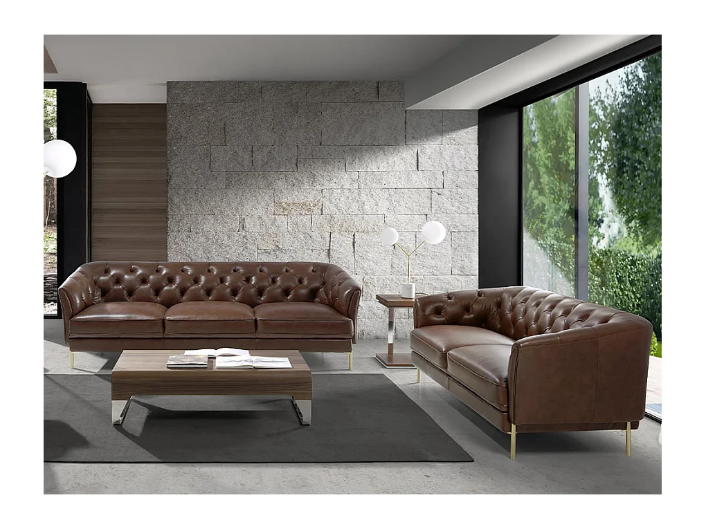 3-zitsbank in bruin leer en goudstaal 6140 ANGEL CERDA