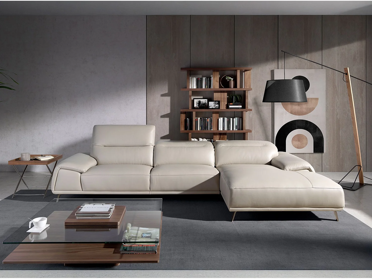 Right chaise longue sofa in taupe grey leather 6150 ANGEL CERDA