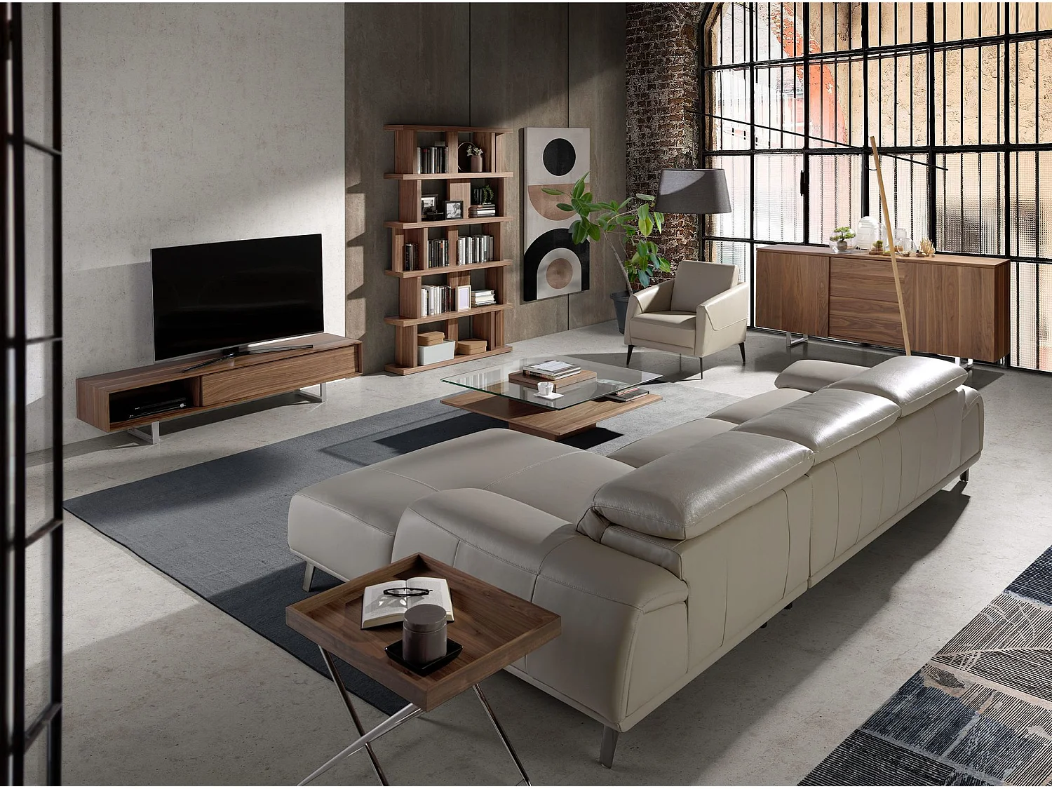 Right chaise longue sofa in taupe grey leather 6150 ANGEL CERDA