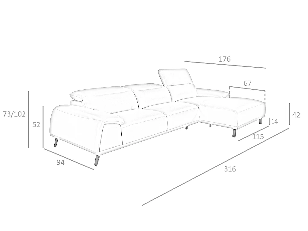 Right chaise longue sofa in taupe grey leather 6150 ANGEL CERDA