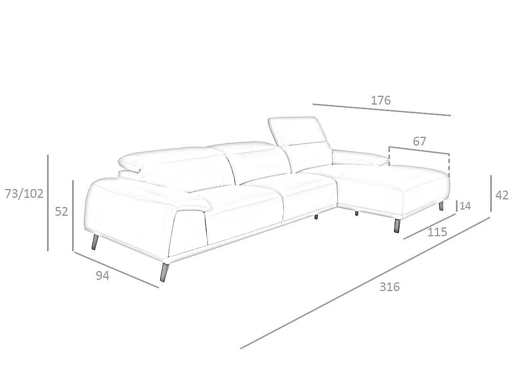 Right chaise longue sofa in taupe grey leather 6150 ANGEL CERDA