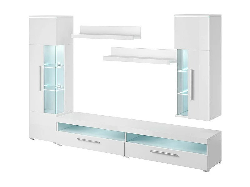 Conjunto de muebles de salón BOMBAY – Blanco brillante – 5 muebles de diseño con almacenamiento