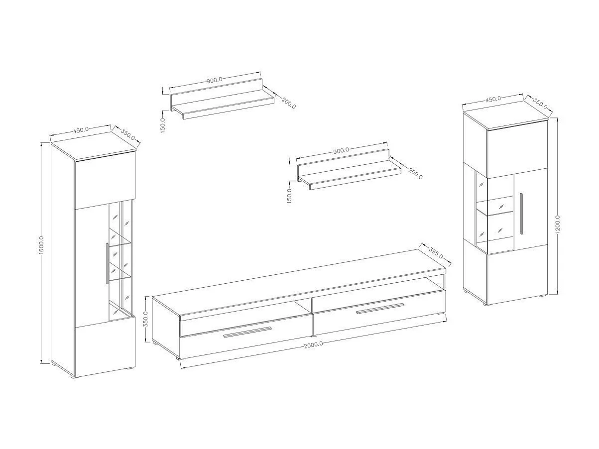 Zusammensetzung von 5 Designermöbeln für das Wohnzimmer in glänzendem Weiß, Kollektion BOMBAY