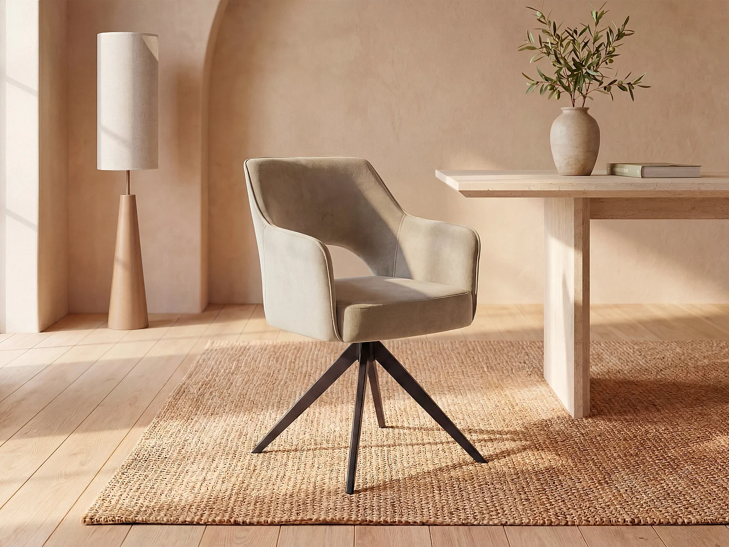 Chaise pivotante avec accoudoirs en velours et métal noir - Beige - KONYA