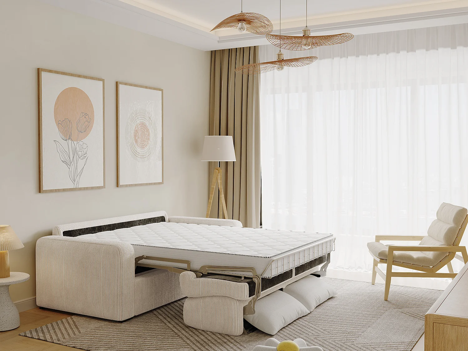 Canapé 3 places convertible express en velours côtelé beige - Couchage 140 cm - Matelas 16 cm - BEVIS