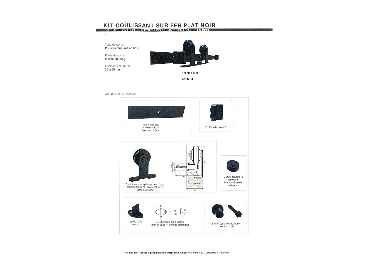 Porte Coulissante Atelier Blanc H204 X L83 Cm, Rail Roulettes, Coquilles Gd Menuiseries