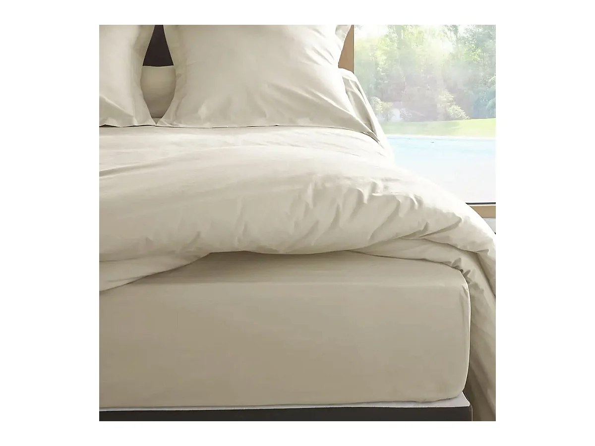 Drap housse Ivoire en percale de coton 80 fils 160 x 200 x 35 cm