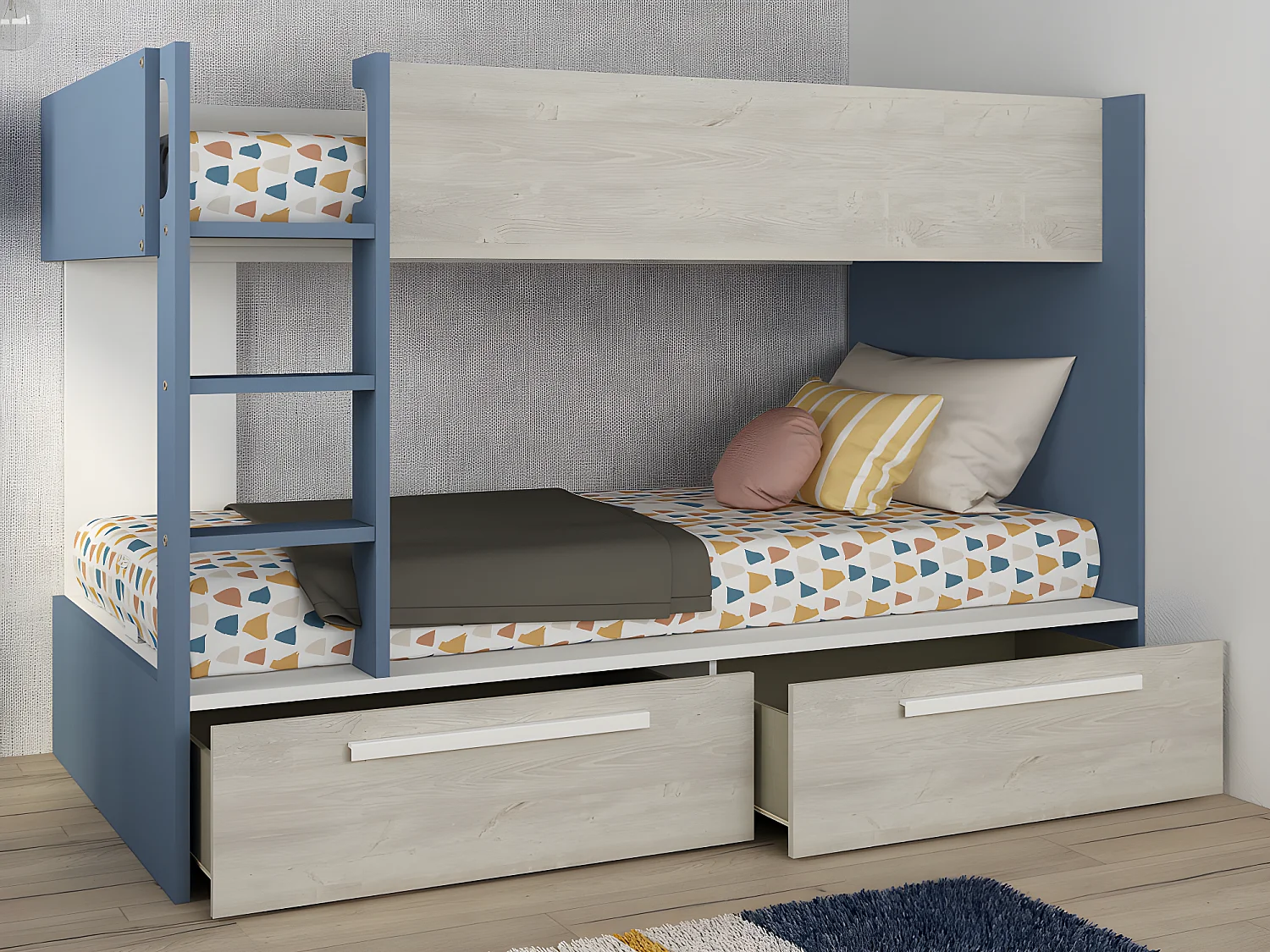 Letto a castello 2 cassetti 2 x 90 x 200 cm Blu, Naturale e Bianco - TINOLI