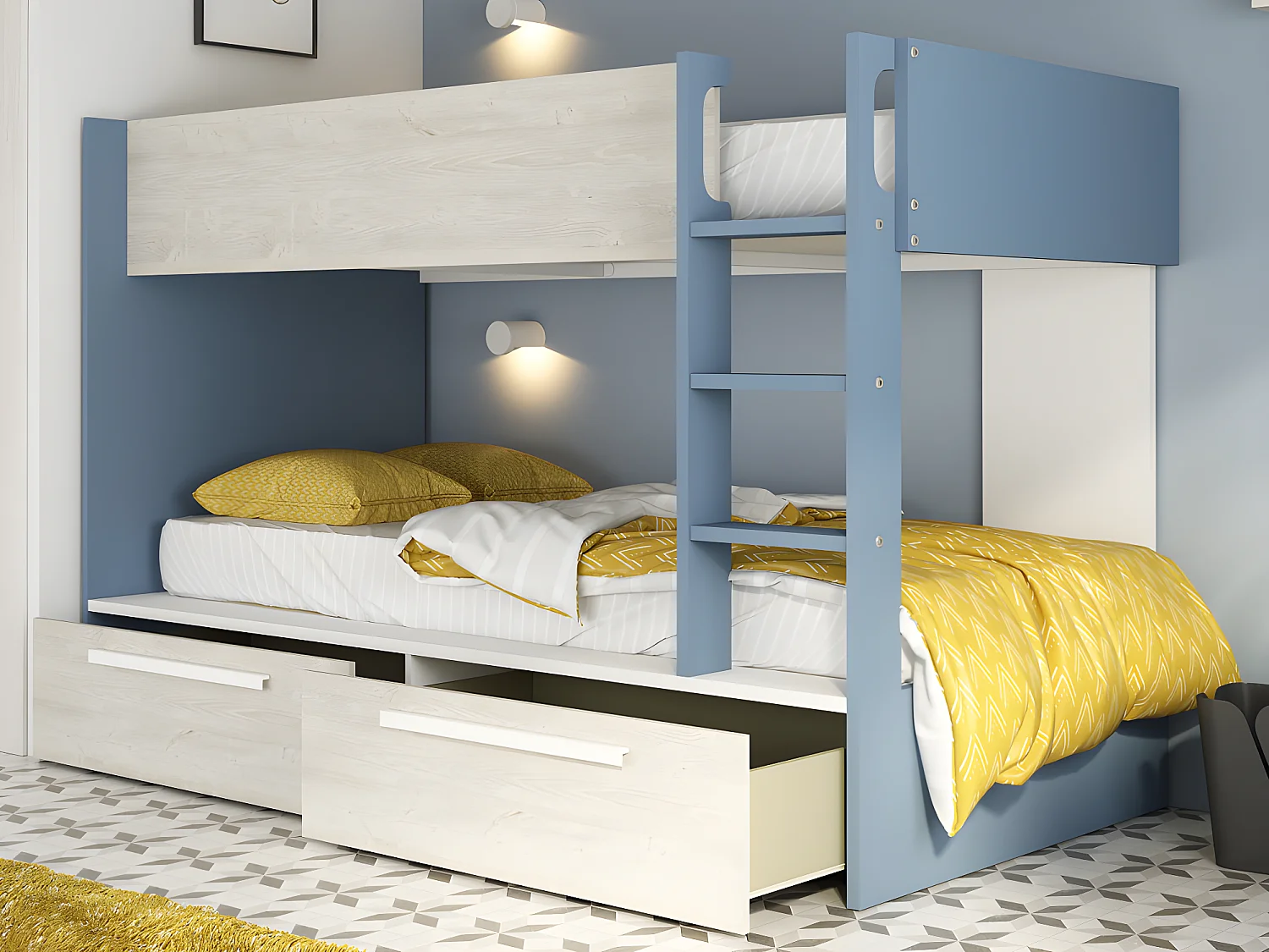 Etagenbett mit 2 Schubladen - 2x 90 x 200 cm - Blau, Naturfarben & Weiß - TINOLI