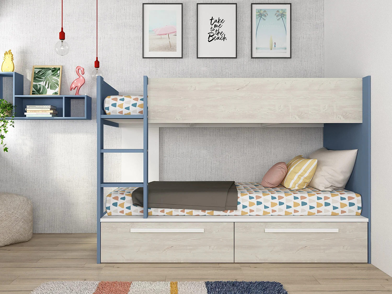 Lits superposés 2 x 90 x 200 cm - 2 tiroirs - Bleu, naturel et blanc - TINOLI