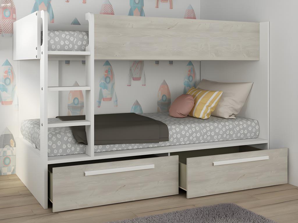 Etagenbett mit 2 Schubladen - 2x 90 x 200 cm - Naturfarben & Weiß - TINOLI günstig online kaufen