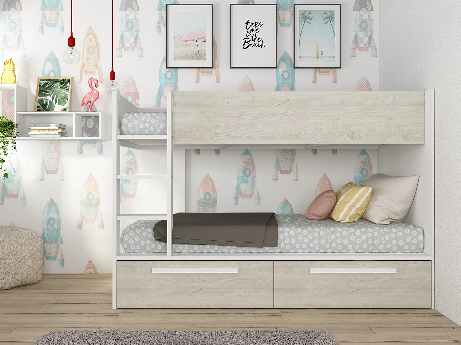 Etagenbett mit 2 Schubladen - 2x 90 x 200 cm - Naturfarben & Weiß - TINOLI